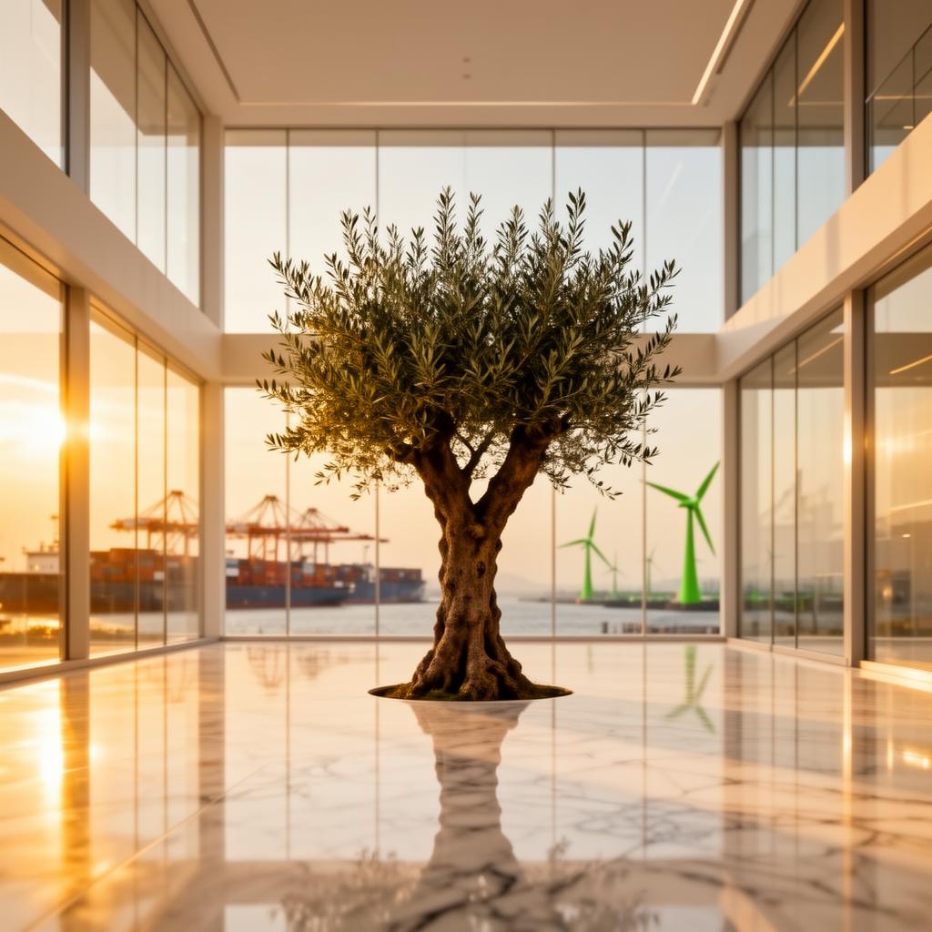 Sunlit modern atrium with mature olive tree overlooking a global trade port and green energy facility